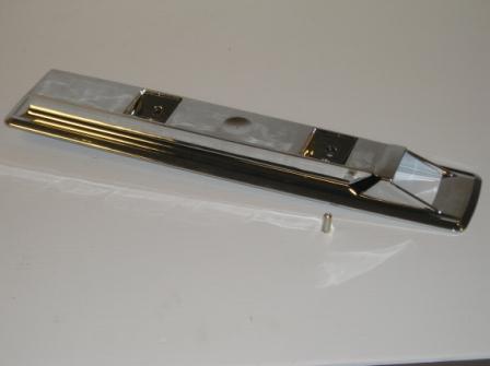 16" Chrome Armrest Bezel, Driver or Passenger Side, FLAWED since one of the guide pins on the back is broken off. Chrome is in great condition though.