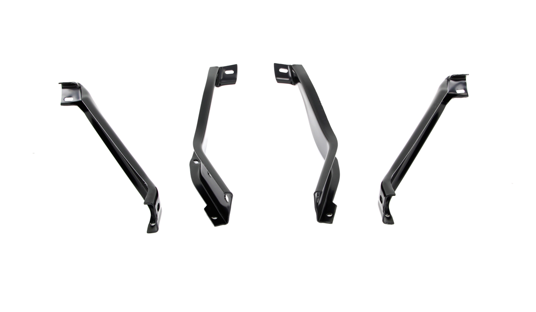 Front bumper bracket set (4 pieces).  These are Reproduction parts and the mounting holes for each bracket set (2 per side) are not exact and some drilling may be required ON these parts (not on vehicle) to enlarge the holes for mounting.  Factory is saying this is how they are. - Discount exempt