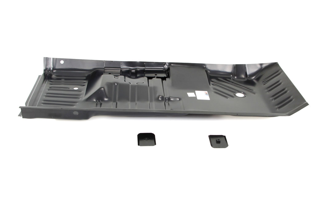 Passenger side floor pan (full length).
Feature all the correct contours and depressions.  20-guage metal with natural finish.  Note:  These pans 
fall aprox. 6" short of the back seat rise.  Truck Freight only ! - Discount exempt