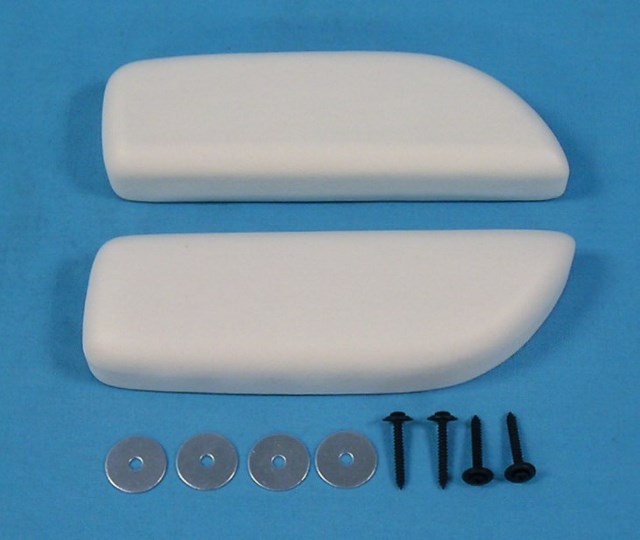 Armrest Pads - Convertible pair rear arm rest pads - <b>WHITE</b> These 67-69 Convertible pads have the bolt through design versus the clip design as originals did.
  For those that are placing these pads on original rear side panels, you can leave the metal base on the underside of panel that has the two rectangular holes for the clips to go through - and instead just drill two new holes to the inside of each existing clip hole to apply the mounting screw and washer to the underside of plastic side cover that holds the armrest pads.  The screw and washer then would go from the underside - through the thin metal base plate, through thin plastic, and into the underside of the armrest pad - holding it in place