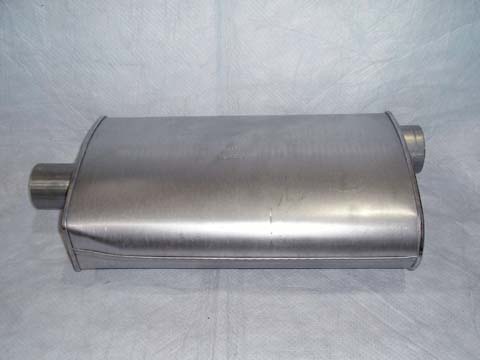 Muffler for 1965-67 Barracuda/Dart with 273 High-performance V8. Constructed of aluminized steel with 2-1/2" i.d. inlet and 2-1/4" i.d. outlet. 2-pass, 3-chamber design with a 16" case. This muffler has the correct corner dents for proper clearance.