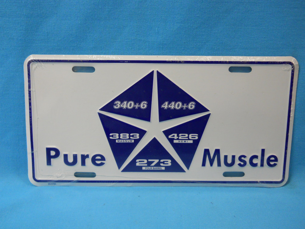 License Plate Pure Muscle. White background with "Pure Muscle" in blue.  Also, has in Center the Blue Mopar Pentastar emblem that shows all the separate engine classes in each of the triangles that represent the Pentastar emblem (273 Four Barrel, 383 Four Barrel, 340+6 , 440+6, 426 Hemi)