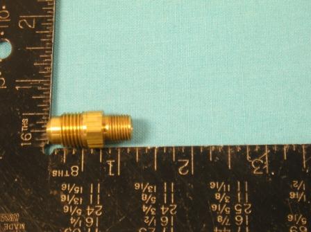 Radiator Male Connector. Made from brass, these are the connectors that go into the (automatic) radiator in the bottom of the tank. They allow attachment of the transmission lines to the bottom of the radiator. 5/16" x 1/8" threaded male connector.