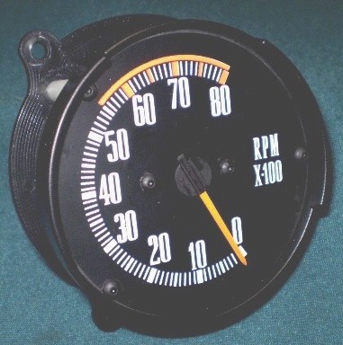 In Dash Tachometer. - For those with 150 mph speedometers. This version has the pointer  at zero that is at the 5 o'clock position on the face. Not for the floor console type tachometers found for instance on the Dart GTS cars.... 

These Ralley Tachometers will work with points, electronic or MSD ignitions.  Will fit either standard or the rally dash.

Discount exempt
