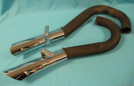 Chrome Exhaust Tips -  (Pair) - AAR Cuda and T/A Challengers exhaust extensions.  These are excellent reproductions of the original chrome tips and come complete with the bracket hanger and extension pipe to the muffler.  Have a 2" i.d.