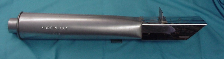 Rear Resonator & Stainless tip assembly for 273 Hi-Po optioned A-bodies - Reproduction. This unit is very close to the original, but made of modern aluminized and stainless materials for long service life. Finally a direct replacement resonator and tip assembly for Hi-Po 65-66 Darts and Barracuda Mopars. This unit can also be used for the limited edition 1967 Dart Hi-Po applications. Materials include a fully aluminized resonator with a mirror like finish stainless tip that is made to look and perform well for many years.  There are some differences between an new old stock (NOS) piece and this unit in construction but for the price, who chould complain for a near perfect clone without the dings and shelfware...