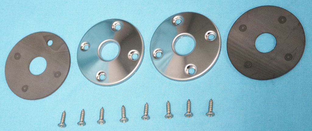 Hood pin plates - steel hood - with gaskets and screws. Round Chrome - Reproduction (set)