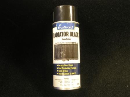 Paint- Correct Radiator / Transmission and oil cooler black paint.  Standard engine paints are too thick for radiator use because they can interfere with heat transfer and block air flow between the cooling fins.  This acrylic lacquer factory-finish aerosol withstands 250 degree F, sprays on thick enough to cover completely, yet thin enough to not interfere with heat transfer.  Most radiators require 2 cans for full coverage.  Net wt. 12 oz