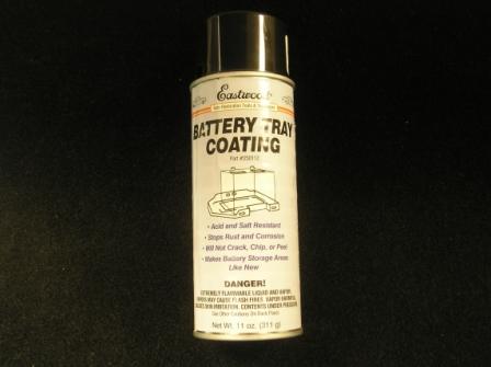 Battery Tray Coating.  Battery acid won't harm this durable rubber coating.  Easily washes with soap and water.  Satin black finish.  Bare metal parts should be primed.  1 12 oz aerosol can.