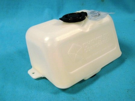 Washer Fluid Jar - For cars with electric pumps. (discount exempt).  NOTE:  For 1975 A-body ONLY - this is identical but for the 2 mounting hole placements are 1/4" too short in width from each other...so you have to on the bench elongate the holes a little on both sides to then allow this to mount in.  Our washer supplied may not be "wide" enough then to cover the elongated hole if that is an issue - so a trip to hardware store may be required for a pair of slightly larger washers....