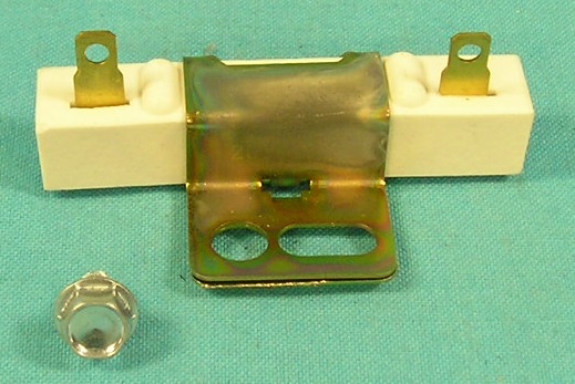 Ballast Resistor - Nice reproduction of the original-style resistor long out of production.  Includes correct mounting screw, correct plated bracket with Chrysler part #2095501 on the side.  Used with all models having points.  Full coverage on the back - no spring showing.