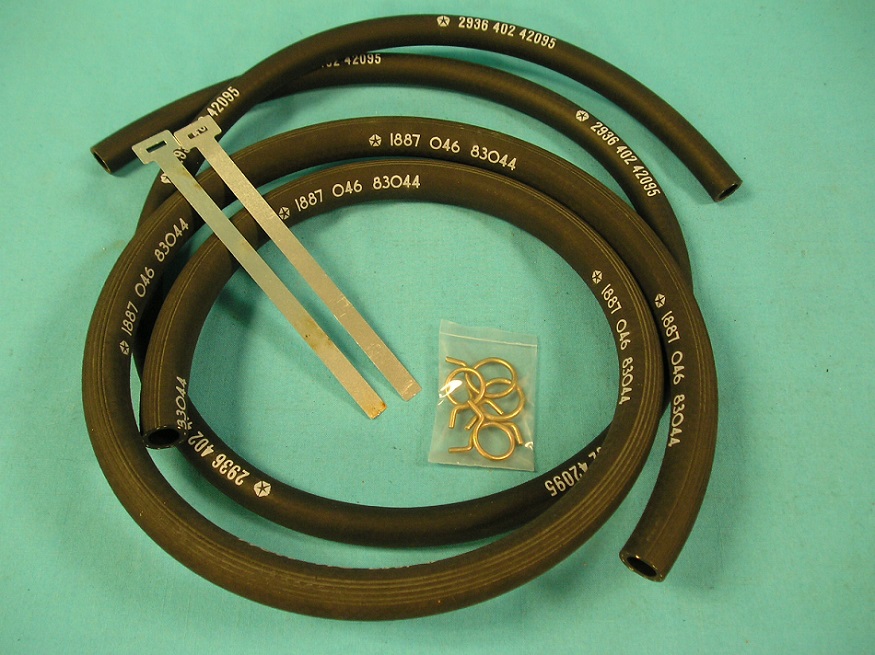 Heater Hose Set -(without A/C). Includes one 4ft. 1/2" hose with part number 3441274 and one 5ft. 5/8" hose with 1343689. Each hose is grooved and features a pentastar and vendor code 83044 - Reproduction