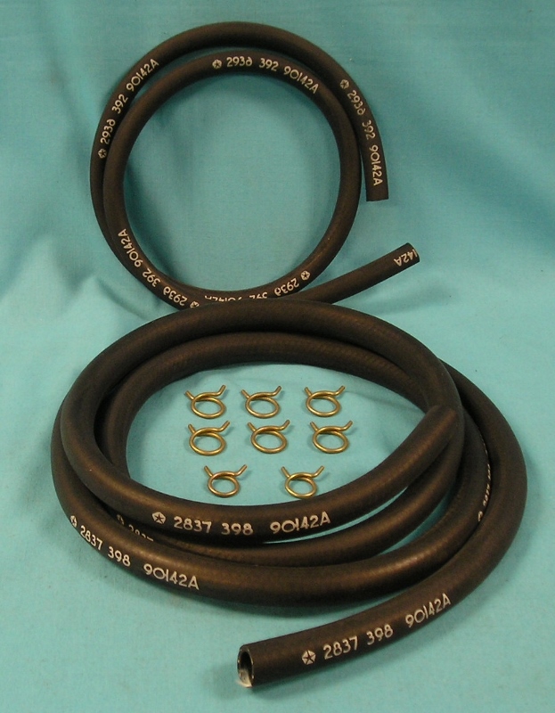 Heater Hose Set - (without A/C). Includes one, 5ft. 1/2" hose with a pentastar and part number 2936392 and one, 5ft. 5/8" hose with Mopar logo and part number 2837398. Each hose is ribbed and features the vendor code 90142A - Reproduction
