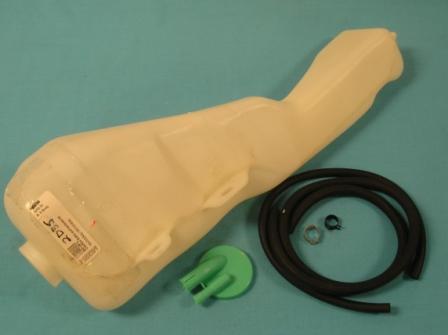 Overflow bottle AND hardware kit. Includes both sizes of correct ribbed hoses, green cap and clamps. Correct reproduction of original Chrysler part.
