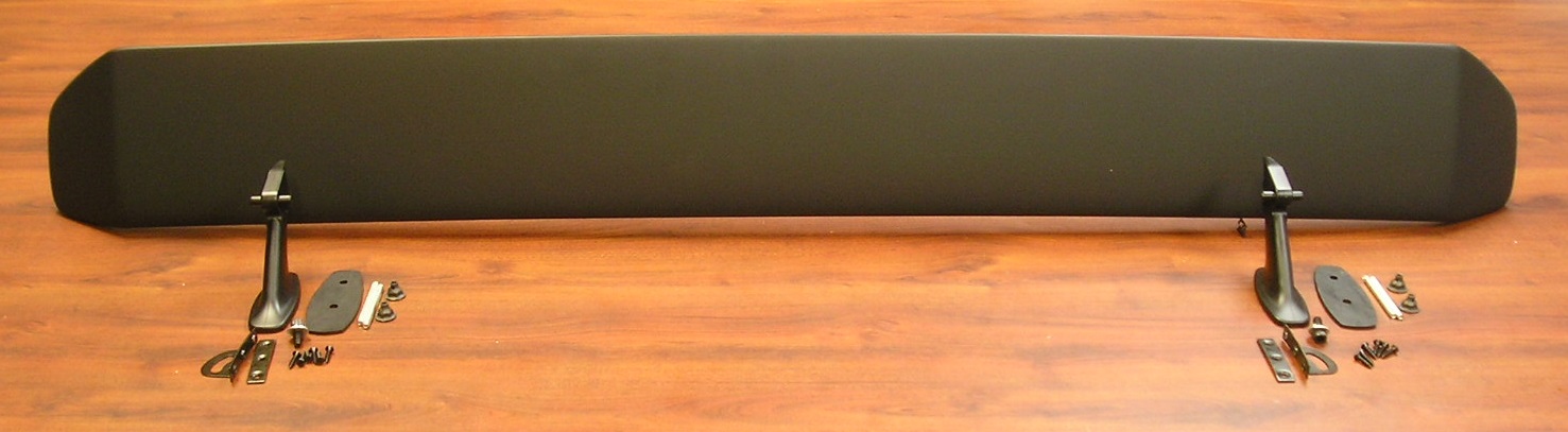 New 1970 Reproduction Rear wing "Go-Wing" rear spoiler.  The composition of the hollow blade of this spoiler is a 
plastic material -- HDPE, High Density Polyethylene -- lighter in weight than original.  The spoiler stanchions contain steel inserts and are overmolded in plastic, differing from the original's solid metal construction.  Finished in black primer and ready to paint.  Although not a perfect duplicate of the original, it is the highest quality reproduction available of its style and a tremendous value for the price sensitive customer seeking a wing.  The spoiler kit contains the wing blade, wing to stanchion attachment brackets & screws, stanchions, gaskets, and generic mounting stud set.  No under deck lid mounting hardware is included.