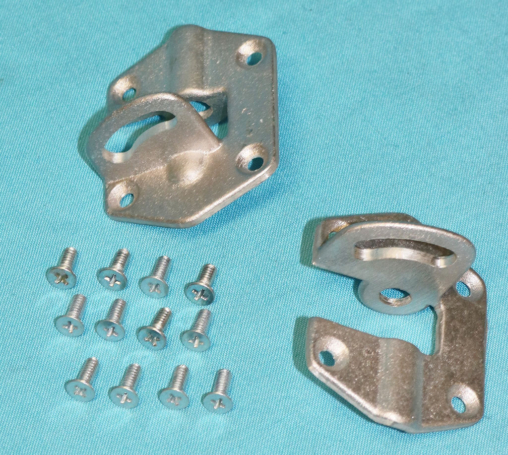 Rear Spoiler Wing to Stanchion Attachment Brackets. Aluminum construction and fully primed.  Includes screws for attachment to wing blade. Reproduction (pair)