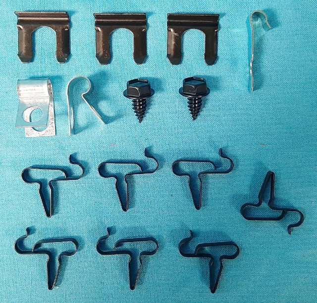 Brake line clip set, 7 line clamps, 2 bolts, 2 R style clips, 3 flex hose clips and (1) "J" clip (15 pieces)