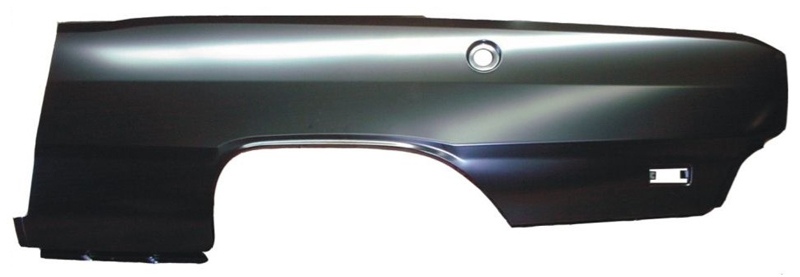 Drivers Side - These Dart skins run from the bottom edge of the quarter panel to the topside of the car. They extend from the tail panel to the door jamb (like the factory units) and turn in about 1" into the jamb. These skins also include the small tabs to which the rear valance attaches.    These skins feature the correct marker light hole and inner bracing. The measure 85" long by 31" tall. Shipped Truck Freight