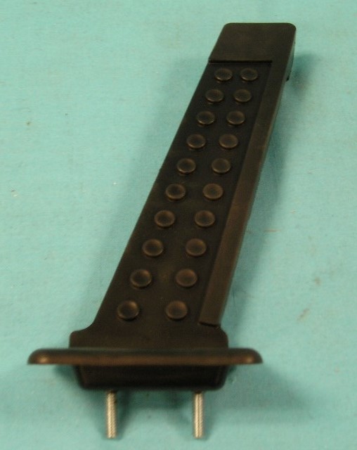 Gas Pedal - V8 versions .  Had studs out the bottom to go through floorboard. Many 1965 models had a slide clip on the backside of the pedal - make sure yours if dealing for 1965 is not that type.  IF so - you have a choice to finding a good used one or alter / modify to this type and install. Operation of the pedal to the linkage will all be the same just how it is mounted to the floorboard changes. <i>NOTE:  There is a difference on the backside of the pedal between a "Slant-Six" version and a "V8" version.

Note for #312-40389 - this pedal can be used for 1965-66 A-body V8 cars as an option.  Cosmetically the same pedal - just the mounting of it is different.  GG-60 would require adding a 1/8" thick mounting plate on the underside of the floorboard and drilling 2 holes for the 2 studs of this fuel pedal throught the floorpan and this reinforcement plate in order to mount it properly.