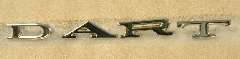 "Dart" Quarter panel letters (set) 1965, 66 Darts - reproductions.  Original chryler part numbers were : #2526 250, 2526 251,  2526 252,  2526 253.  Also for 1966 Dart Front Fenders for 2dr Sedans, 4dr Sedans and Wagons.  NOTE - Be sure to check that "D".  Are the mounting pegs on the back diagonal or are the Straight across from each other?  This kit has the pegs on back for the "D" that are straight accross from each other - late production version where we need to swap out the "D" for part # 305-63994 that is the "D" with the diagonal mounting studs on the back.  So please be checking car old emblems or the holes on the side of the quarter before you place an order...for website orders put in the notes on the order if you need to swap out the "D" or not to the one with diagonal pegs on the back.