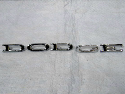 "DODGE" letters.  Please note that the "D" on one or both may not have the mounting pegs on the backside diagonal from each other.  This kit has Diagonal mounting studs.  IF your "D" one or both - has "straight" accross mounting pegs on the backside of the "D" - notify us at time of order to replace the "D" for one or both with straight accross mounting pegs......

1965 Coronet - Hood letters
1965 Polara - Hood letter set
1965 Dart GT - Trunk letter set
1965 Coronet - Trunk letter set (check both "D"s)
1966 Coronet - Trunk Letter set