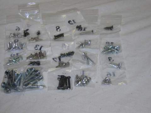 Interior Screw Kit - 2dr Hardtop - 4 pillar mldg., 10 sill plate, 4 dash bezel, 2 coat hook, 4 under glovebox, 1 fuse box, 4 kick panel, 3 center mirror, 6 sunvisor, 9 rear windshield mldg., 8 seatback mldg., 6 quarter seal, 8 armrestto door and 8 armrest to pad screws