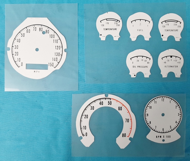Tach-clock-speedo-fuel-temp-oil-alt - Decals - White face / black lettering versions.