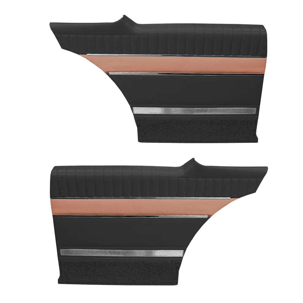 Rear door panels. Pair. Hardtop 

Die-electrically heatsealed Pinpoint grain upper and Bison grain middle with carpeted lowers

305-Blue with light blue accent, 513-Crimson red with dark white accent
