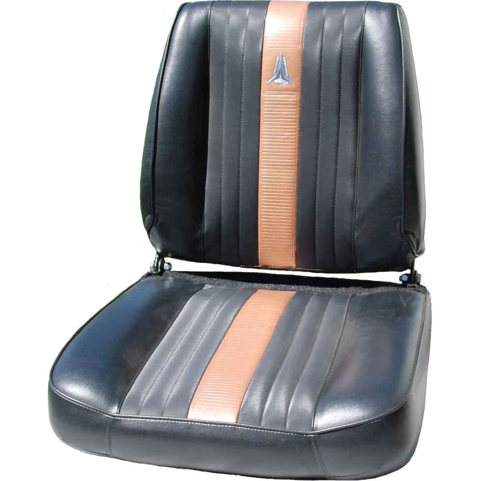 Seat Upholstery, Front bucket seats, pair (Pinpoint grain inserts with heat sealed center accent strip and chrome emblem Bison grain skirts)