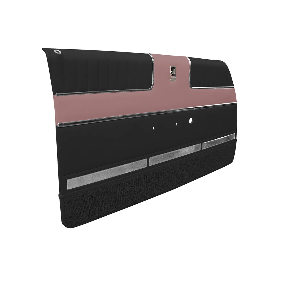 Front door panels. Pair.
Die-electrically heatsealed Pinpoint grain upper and bison grain middle with carpeted lowers.

Either 305-Blue with light blue accent or 513-Crimson red with dark white accent