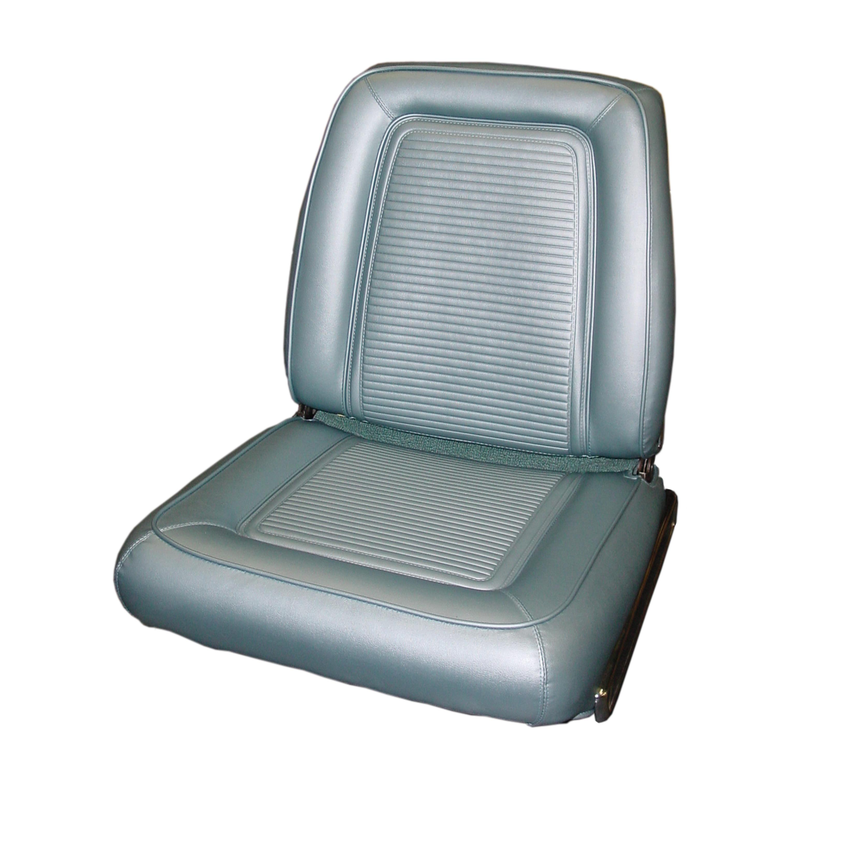Seat Upholstery, Front Bucket, pair (Heat Sealed Bison grain inserts and skirts. Need to know carpet color for the flap on the back of the seat bottoms. This carpet should match the floor carpet.