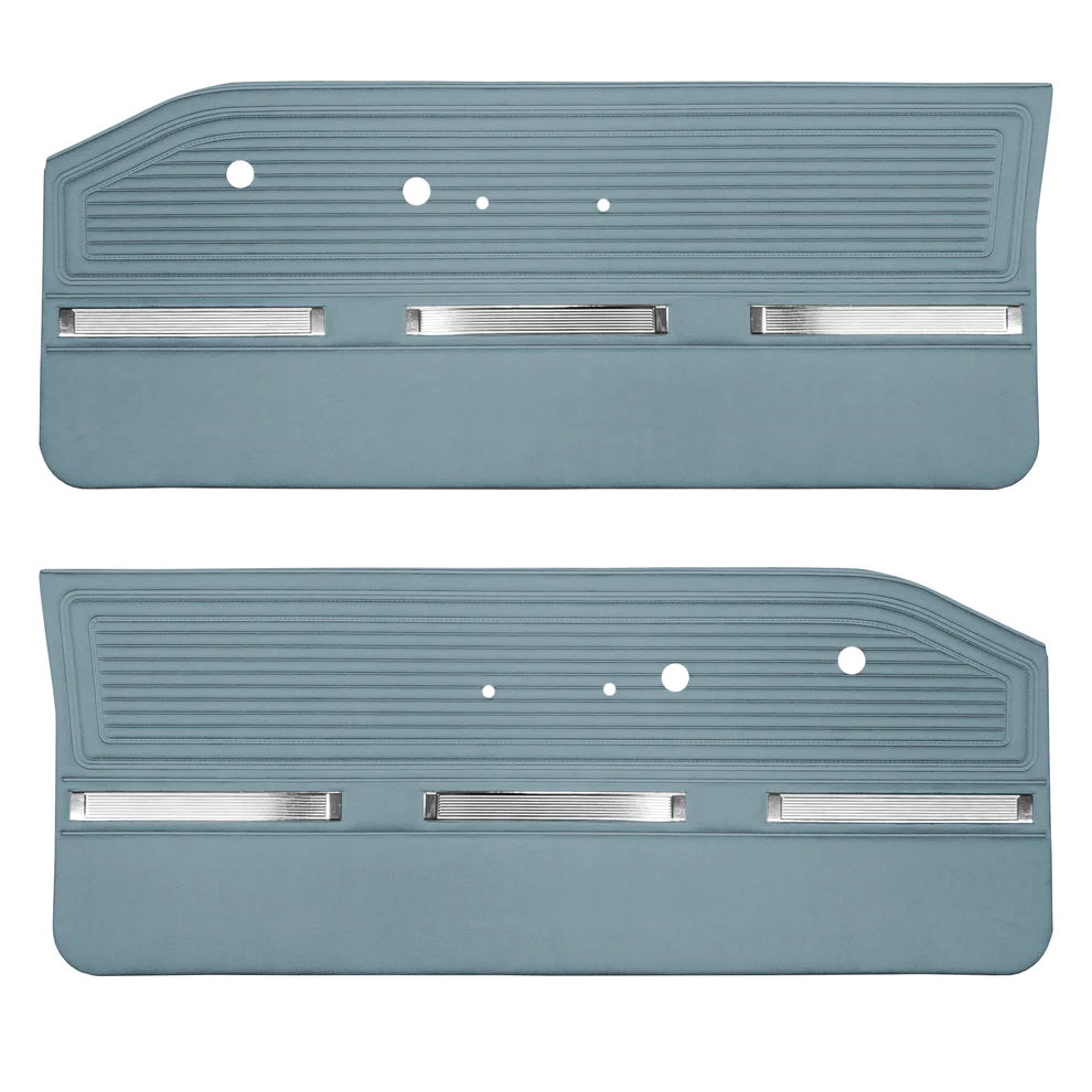 Front door panels. Pair. Die-electrically heatsealed Bison grain vinyl with chrome accents. Bucket style seats.  Choose color at time of order or place in notes for web type orders.