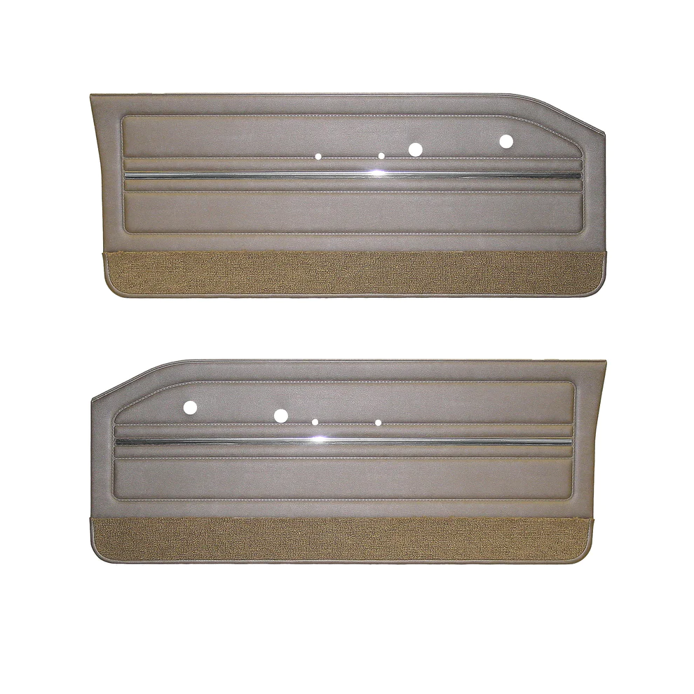 Front door panels. GT - Bucket style (Pair)
*One must reuse original trim. Need color of carpet for bottom of panels.*
Bucket style seats. Die-electrically heatsealed Cologne grain.  At time of order provide color selection.  For web orders place color selection in notes.