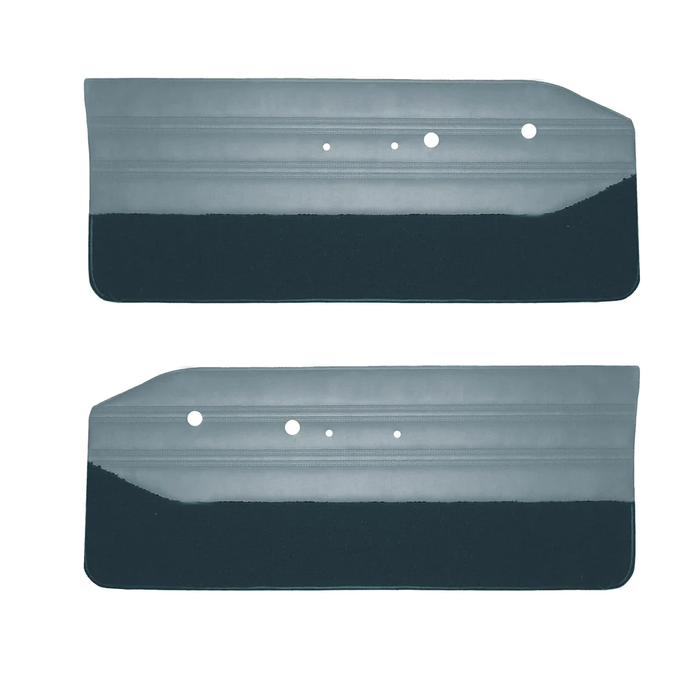 Front door panels - GT bucket style (Pair)
 *one must reuse original metal trim. Please specify carpet color.*
Die-electrically heat-sealed cologne grain vinyl.  Choose color choice at time of order or place in notes for web type orders.