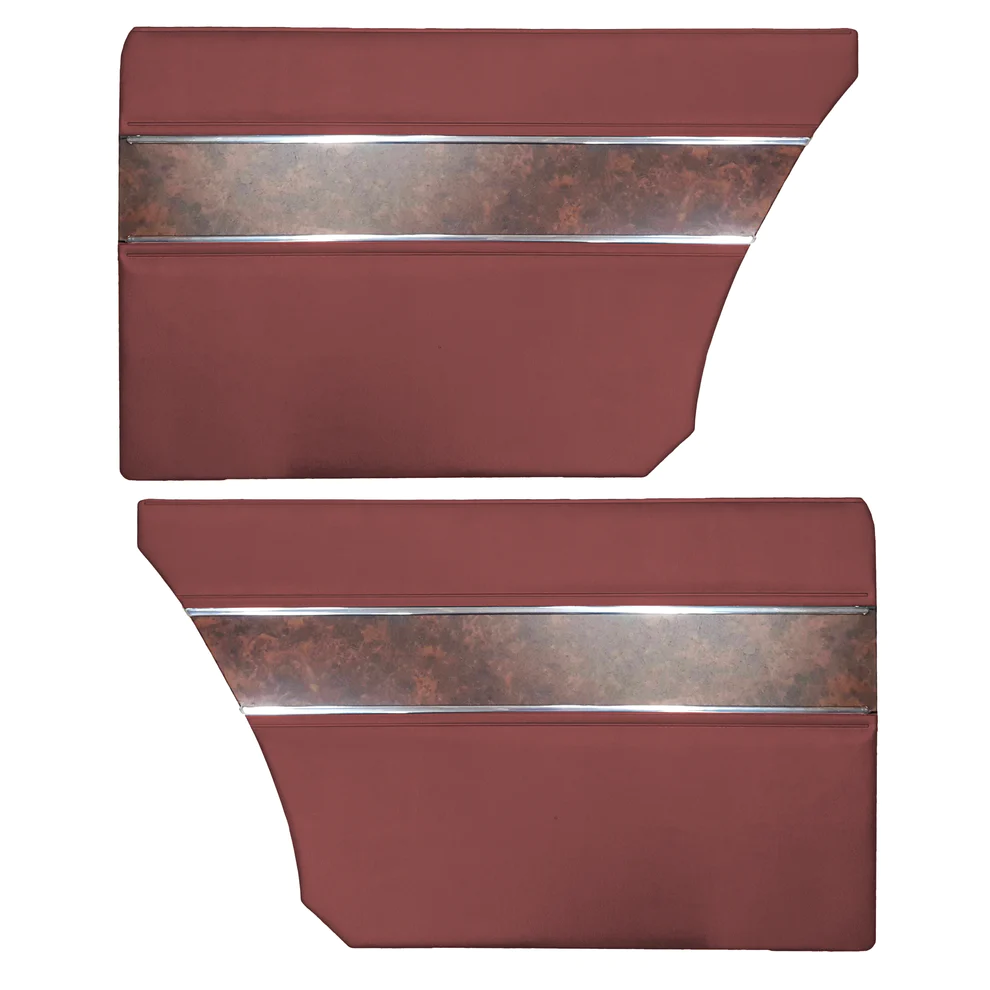 Rear door panels - Fastback. Pair. Deluxe style
Die-electrically heat-sealed cologne grain vinyl featuring woodgrain with chrome accent bands and map pockets.  provide color choice at time of order or in notes for web orders.