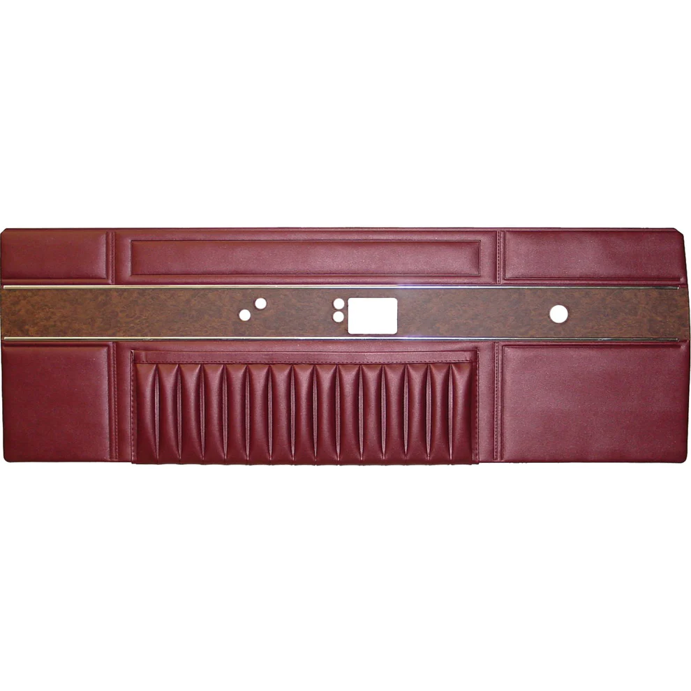 Front door panels. Pair. Deluxe style
Die-electrically heat-sealed cologne grain vinyl featuring woodgrain with chrome accent bands and map pockets.  Annotate color in note below.