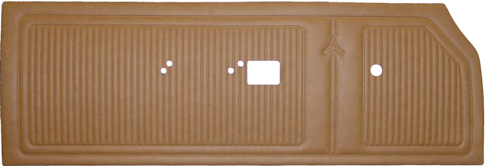 Front door panels. Pair. 
1969 Dodge Coronet 440 & Super bee
Bench style seats.
Die-electrically heat sealed Coachman grain vinyl with heatsealed Dodge emblem.

Choose color at time of order or place in NOTES for web type orders:
Black, White, Light Metallic Blue, Light Metallic Green, Red and Saddle.