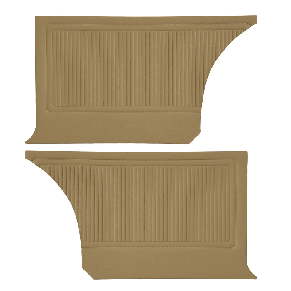 Rear door panels. Pair. Hardtops only.
1969 Dodge Coronet 440 & Superbee.
Bench style seats.
Die-electrically heat sealed Coachman grain vinyl with heatsealed Dodge emblem.

Choose color at time of order or place in NOTES for web type orders:
Black, White, Light Metallic Blue, Light Metallic Green, Red and Saddle.