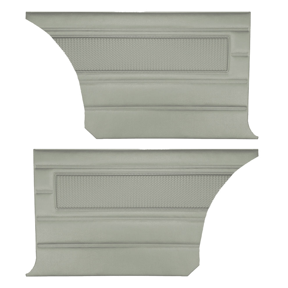 Rear door panels. PAIR. Hardtop only.
Die-electrically heatsealed Coachman grain with Reed grain inserts.
Deluxe & Standard bench style.