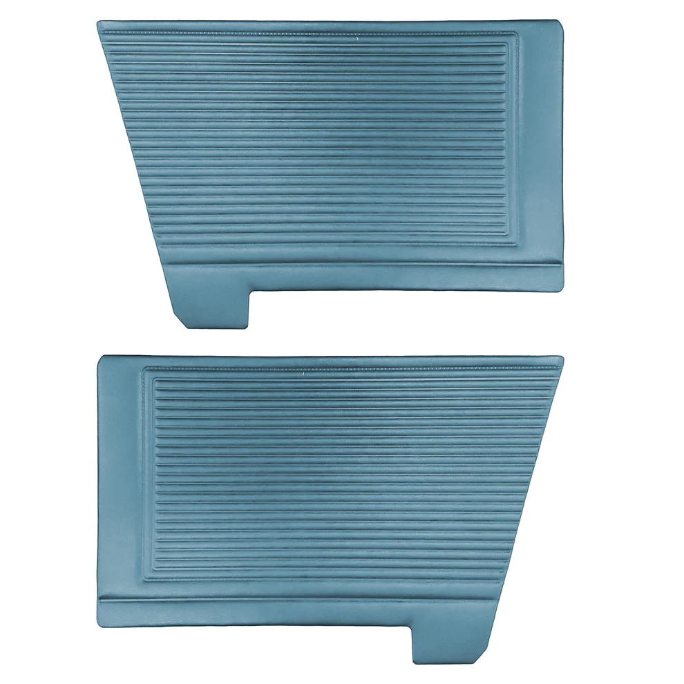 Rear door panels. Pair. Bucket style.
Dart, Dart GT, Dart GTS & Swinger
Die-electrically heat sealed Dakota grain. With horizontal plate pattern, smooth panel at the door handle area.
