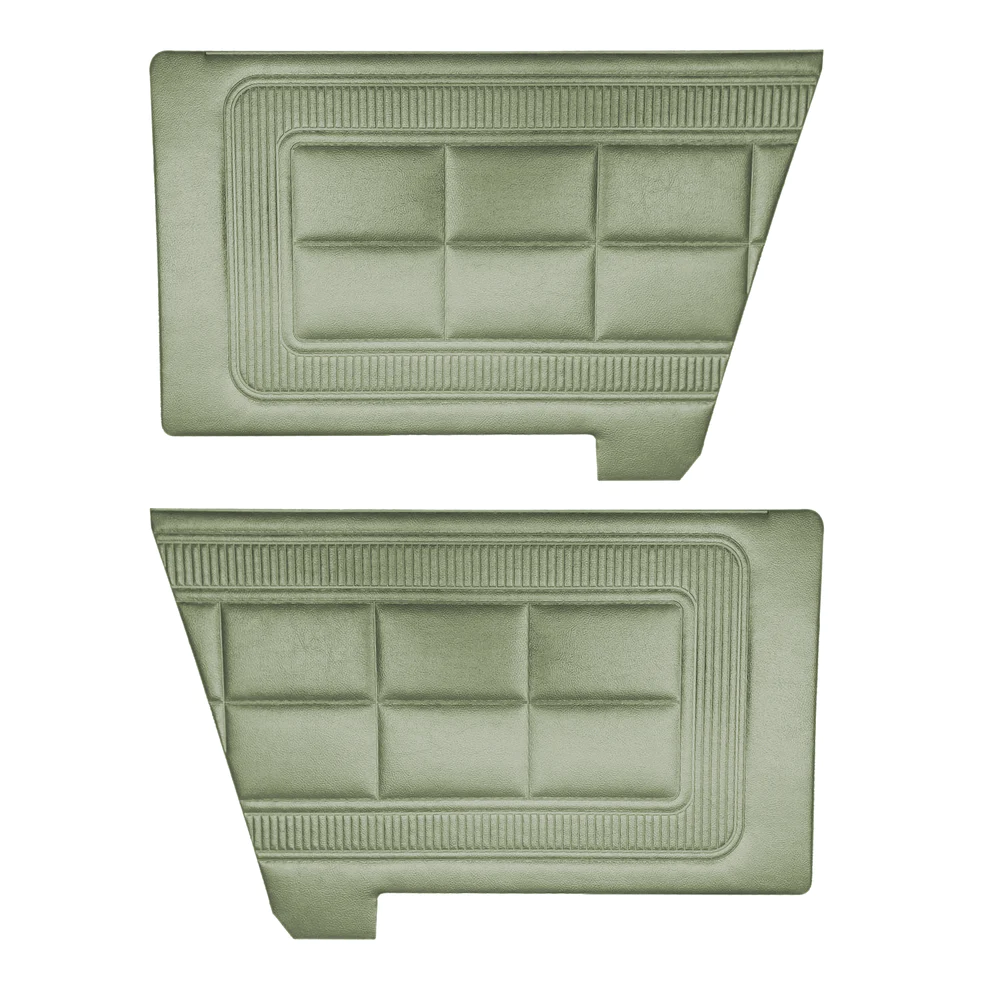 Rear door panels. Pair. Bench style. Dart Custom.
Die-electrically heatsealed Coachman grain with vertical heatsealed lines that go around the center insert area. 

Please indicate color choice in the NOTES box for web orders.