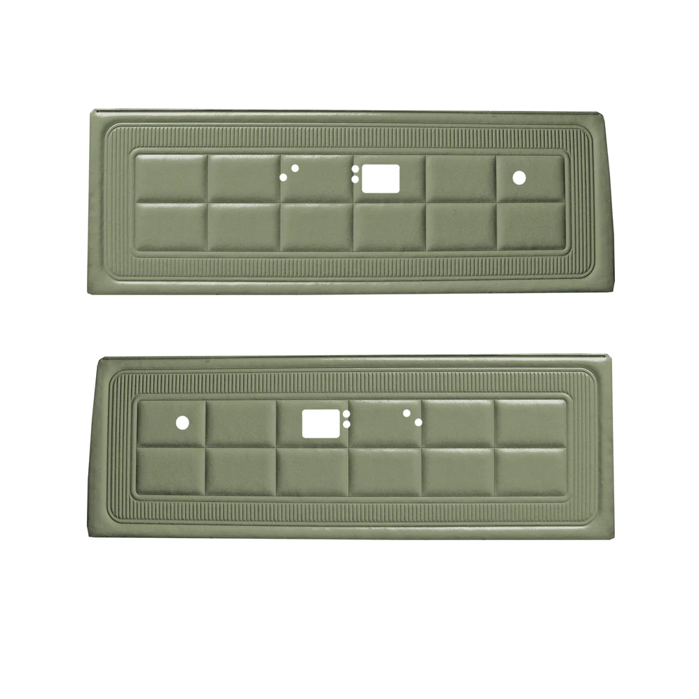 Front Door Panels. Pair. Bench style. Dart Custom.
Die-electrically heatsealed Coachman grain with vertical heatsealed lines that go around center insert area.

Please indicate color choice in the NOTES box for web orders.