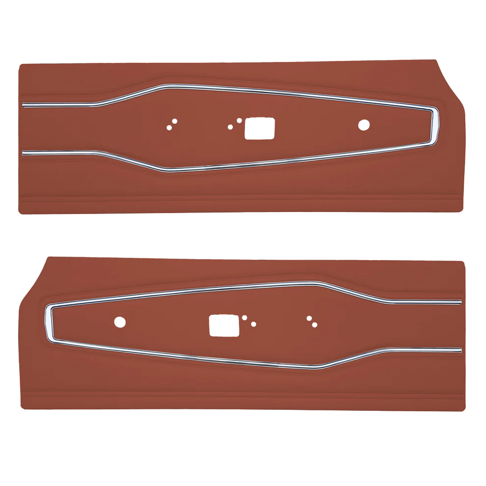 Front door panels. Pair.
Standard Bucket & Bench style
Die-electrically heatsealed Krinkle grain with Diamond Basketweave insert and chrome accent
