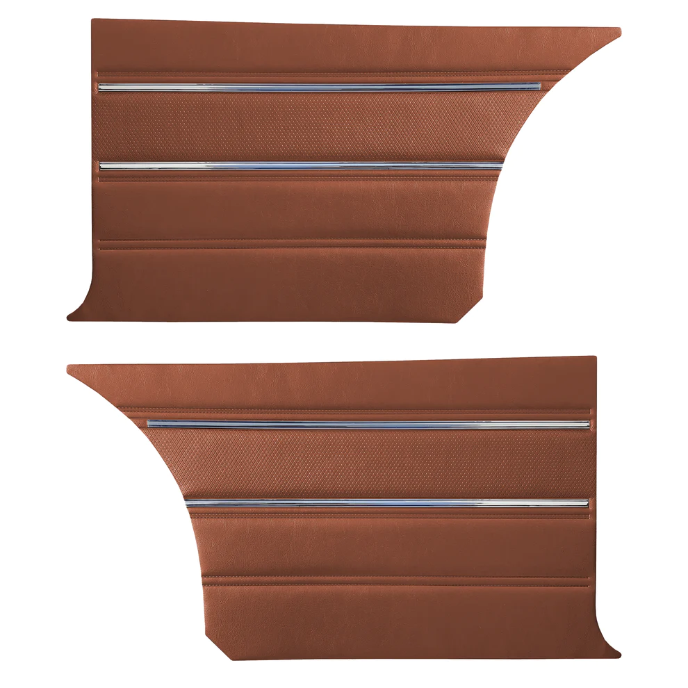 Rear door panels. Pair.
Standard & Bucket style
Die-electrically heatsealed Krinkle grain with Diamond Basketweave insert & chrome accent