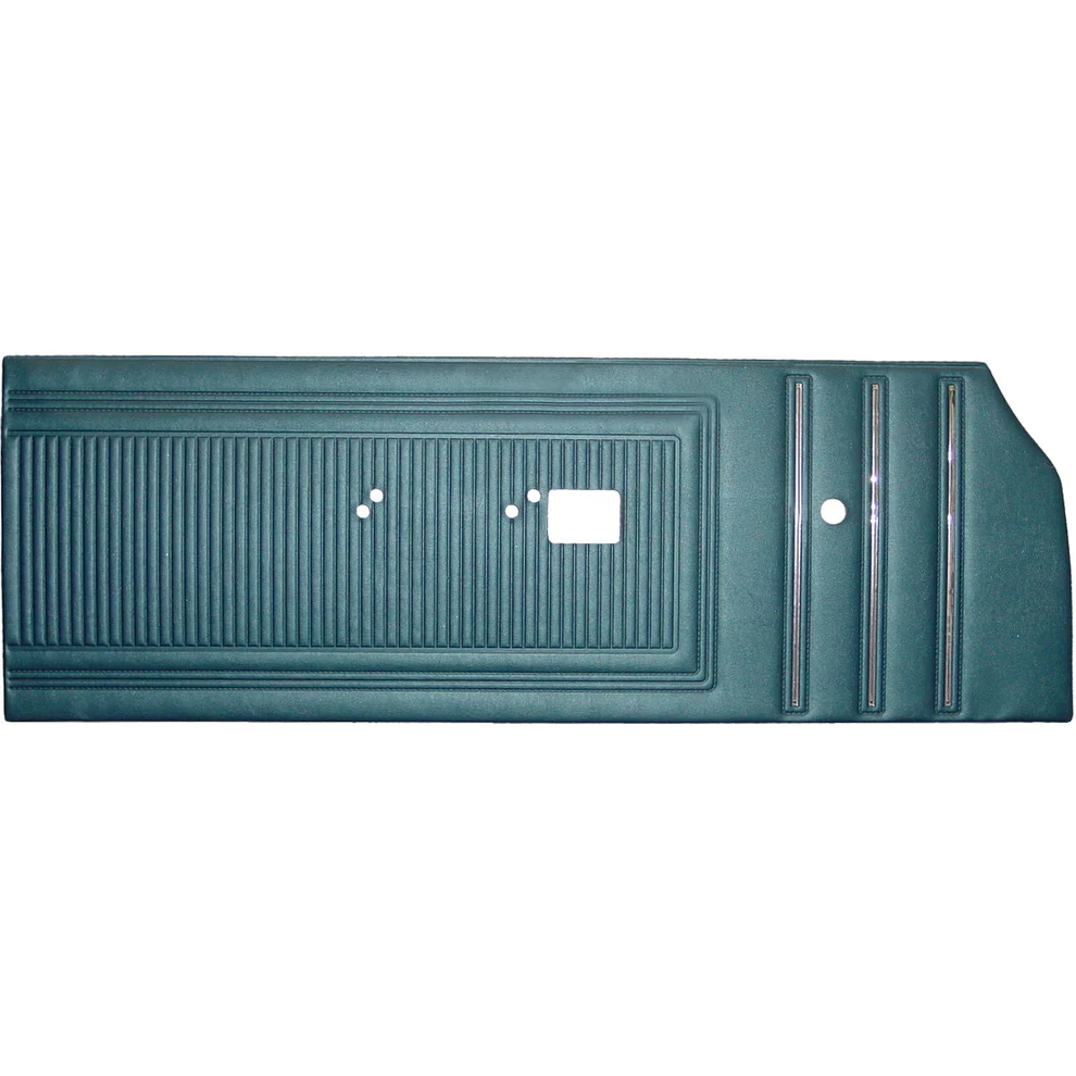 Front door panels. Pair. Bench style.
Die-electrically heatsealed Coachman grain vinyl w/chrome accent bands.
Coronet 440 & Superbee
