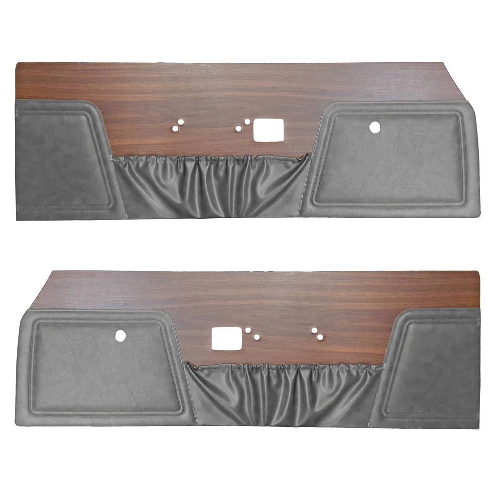 Front door panels. Pair. Deluxe Bucket & Bench style (R/T, SE)
Die-electrically heatsealed Krinkle grain with map pocket & woodgrain accents