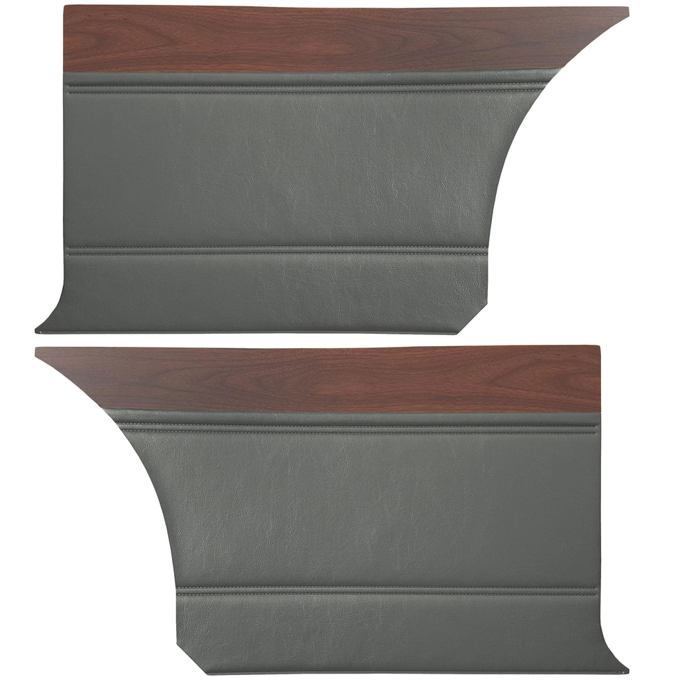 Rear door panels. Pair. Deluxe Bucket & Bench style
Die-electrically heatsealed Krinkle grain with map pocket & woodgrain accents