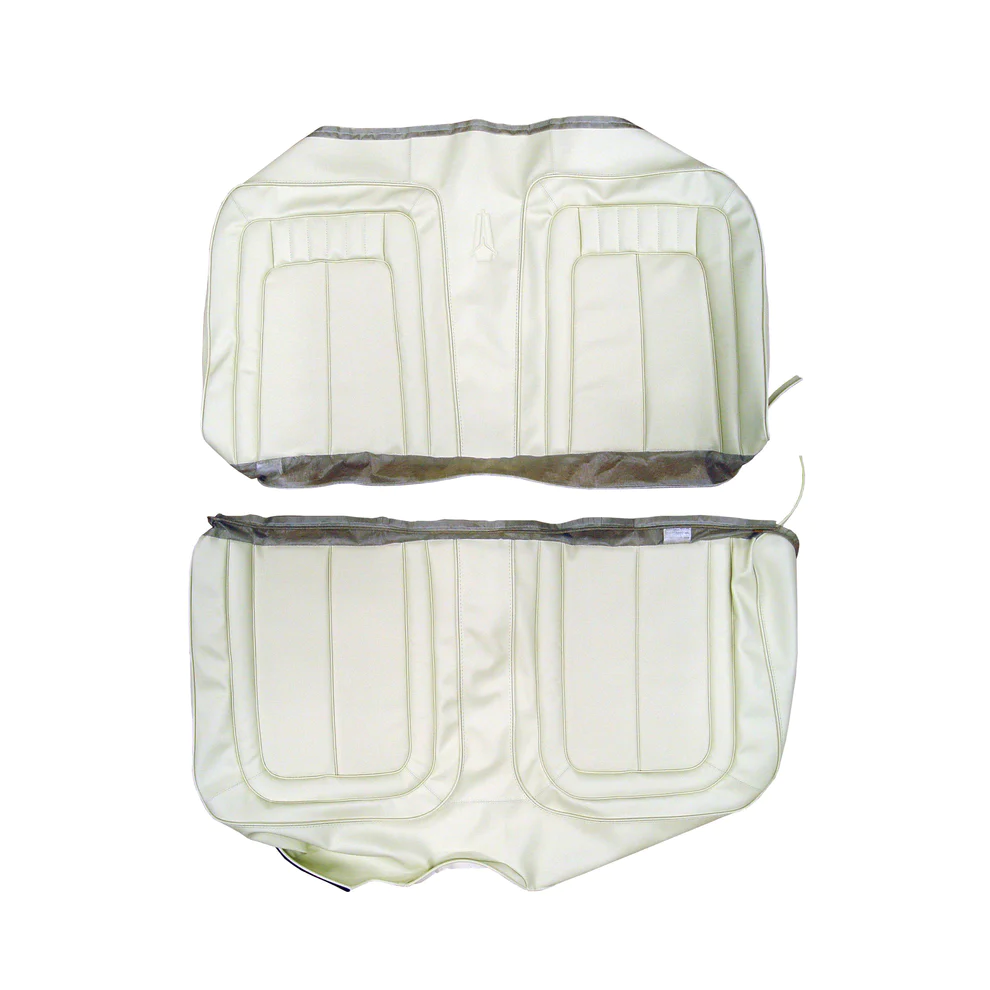 Seat Upholstery, Rear bench with heat sealed Plymouth emblem on rear seat top center panel - Convertible (Ranger grain inserts and Coachman grain skirts)