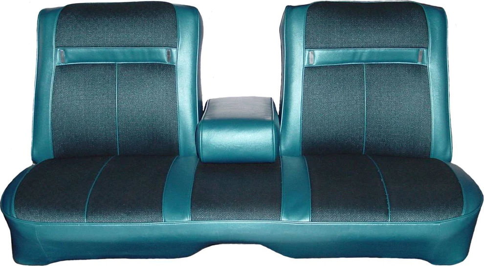 Seat Upholstery, Front split bench with center armrest - "Sport Satellite / GT - Cloth Style. Geometric Inserts with Coachman grain skirts