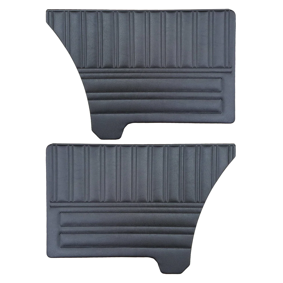Rear Door Panels. Pair.  Bucket or Bench style
Duster and Duster 340 

Die-electrically heat-sealed coachman grain with WOODGRAIN & CHROME accent.

For Web type orders please indicate color choice in the NOTES box.